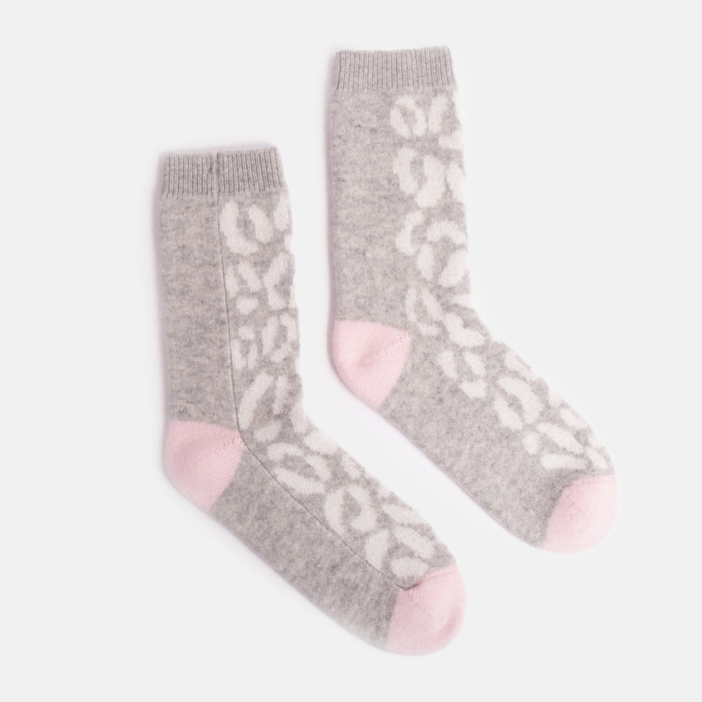 light grey pure cashmere women's bed socks with cream leopard print design and pale pink contrast heel and toe