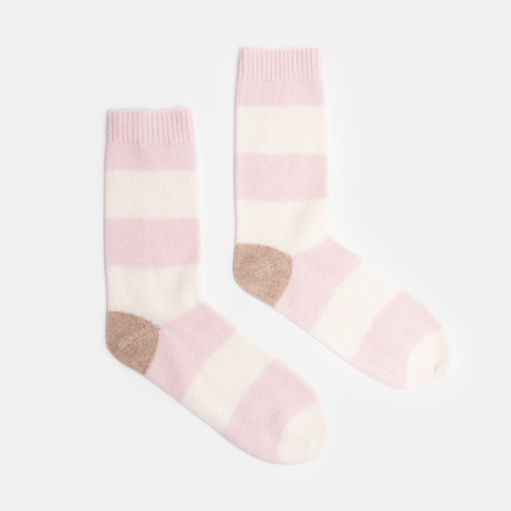 pink & cream wide stripe pure cashmere bed socks with contrast taupe heel