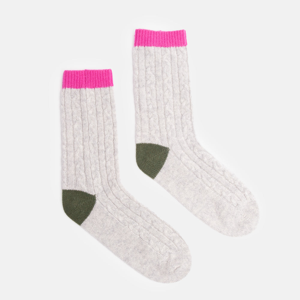 light grey pure cashmere bed socks with green contrast heel and bright pink trim