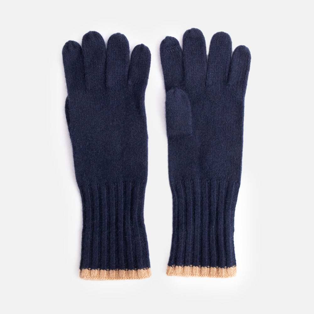 navy blue pure cashmere gloves with contrast beige trim at the wrist
