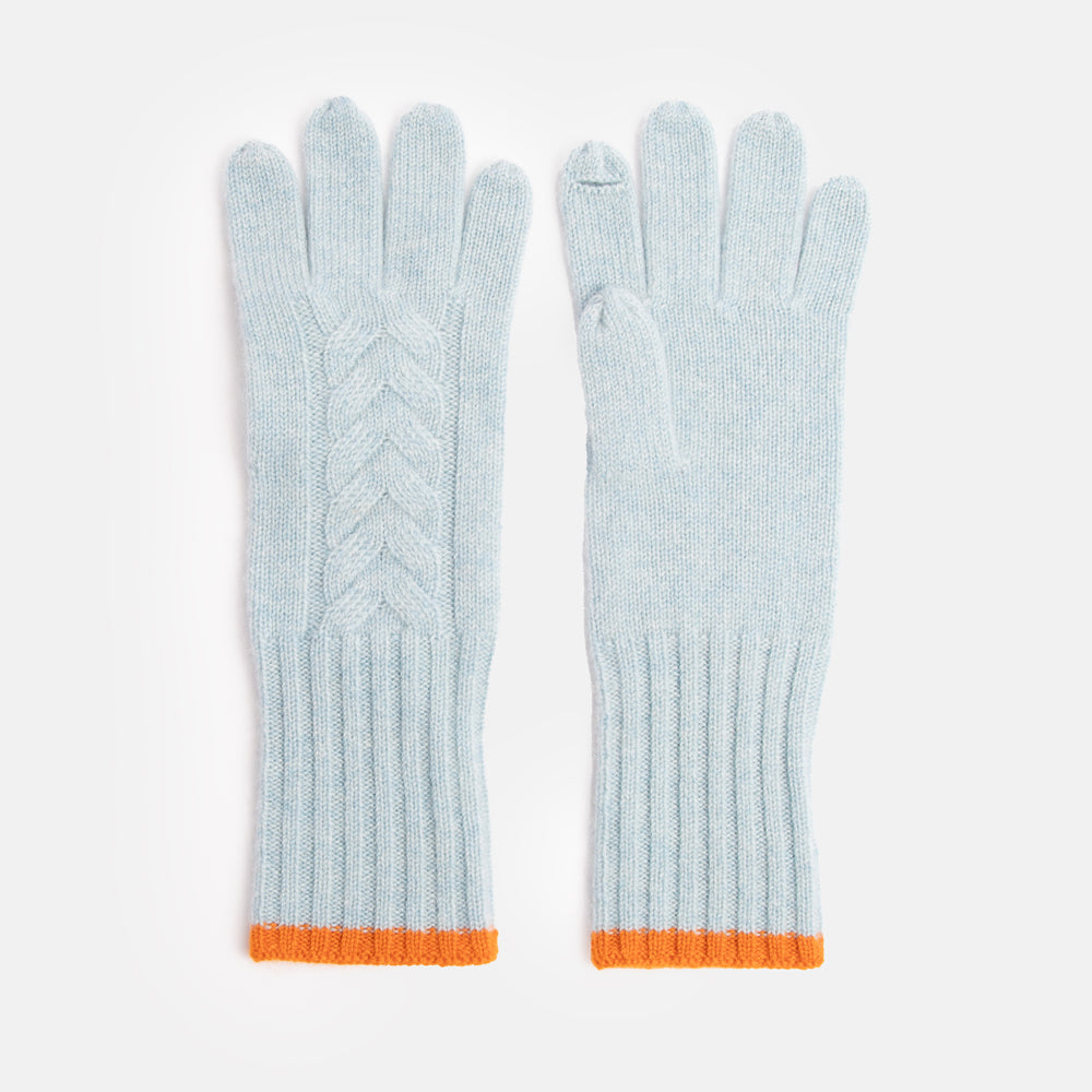 light blue pure cashmere cable knit gloves with burnt orange trim at wrist