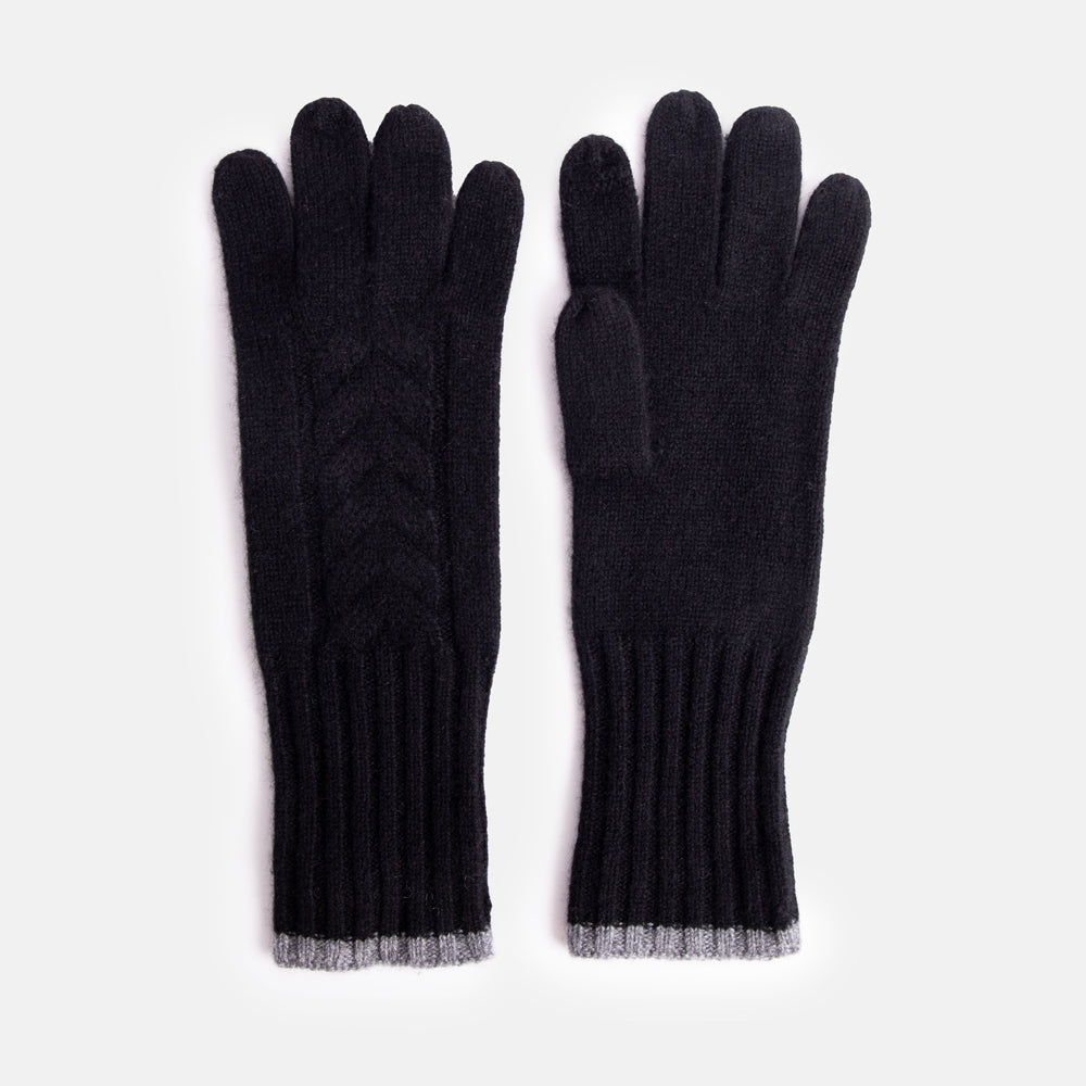 black pure cashmere cable knit gloves with grey trim at wrist