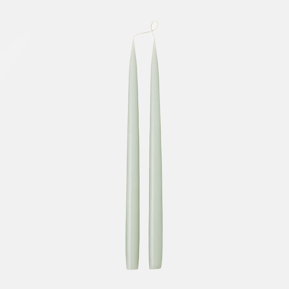 set of 2 35cm pale green tapered dinner candles, made by Candle Flair