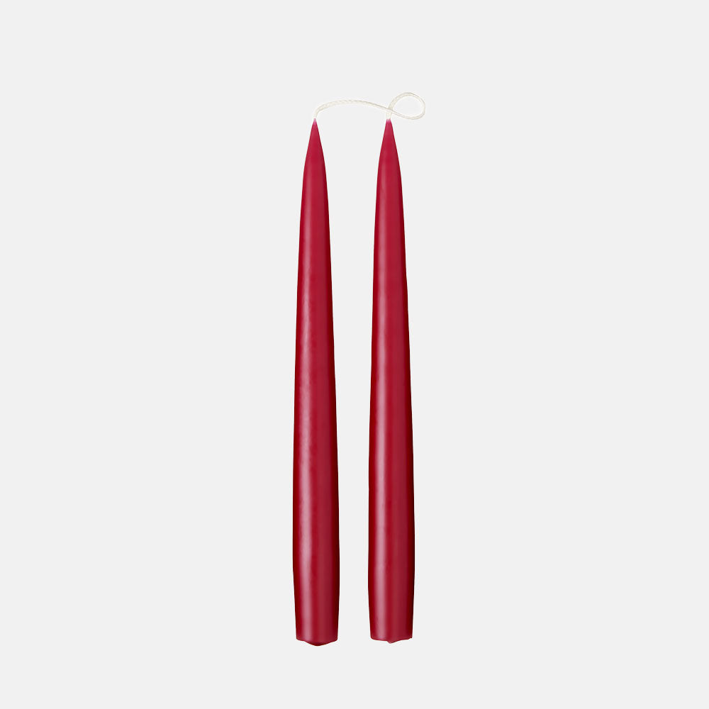 set of 2 25cm burgundy red tapered dinner candles, made by Candle Flair