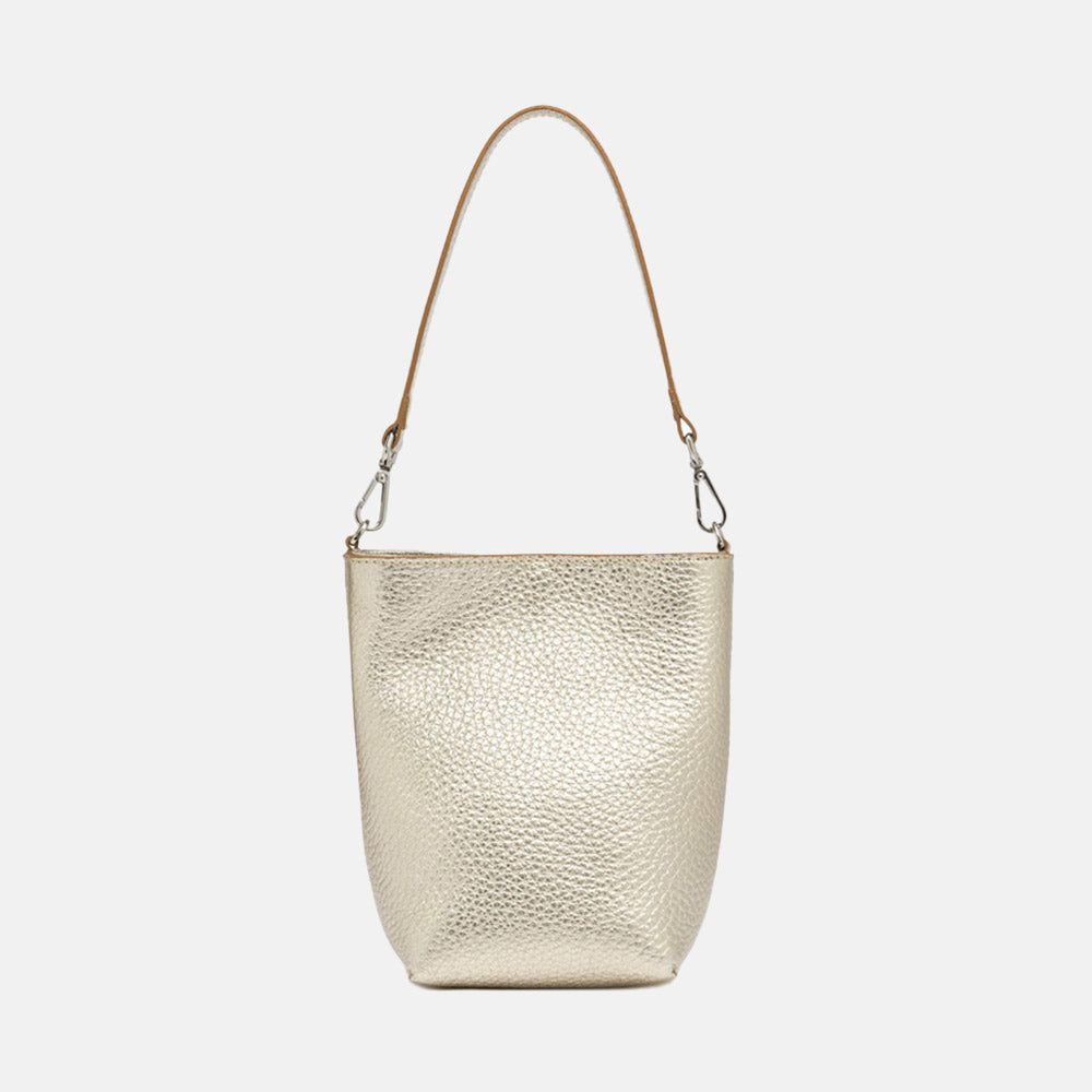 gold leather bucket tote bag reverse view in pebbled gold leather
