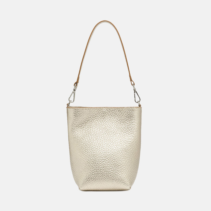 gold leather bucket tote bag reverse view in pebbled gold leather