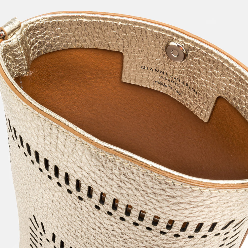gold leather bucket tote bag internal with tan leather backing