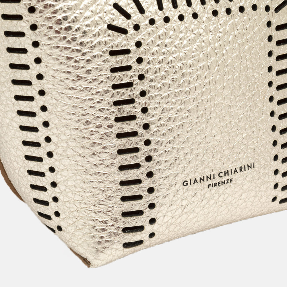 gold leather bucket tote bag with cut out design