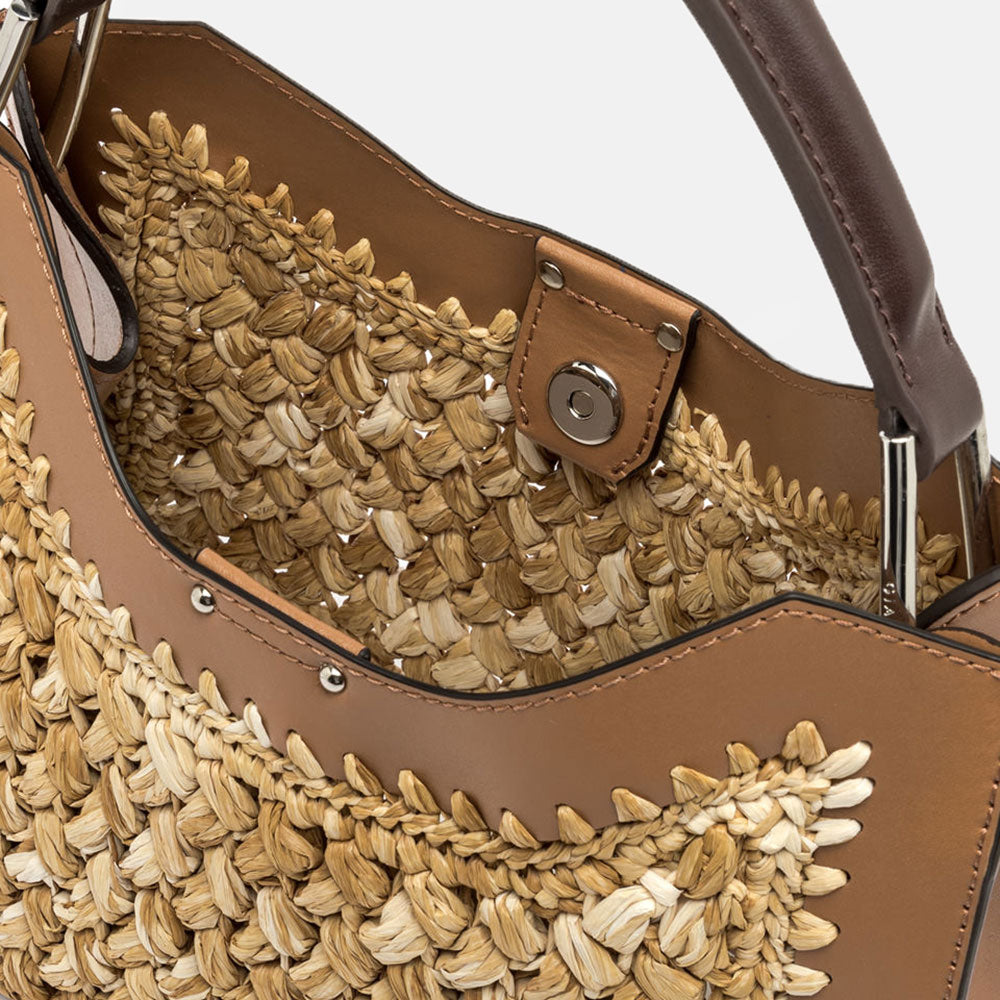 woven straw and tan leather aurora bag, made in Italy by Gianni Chiarini