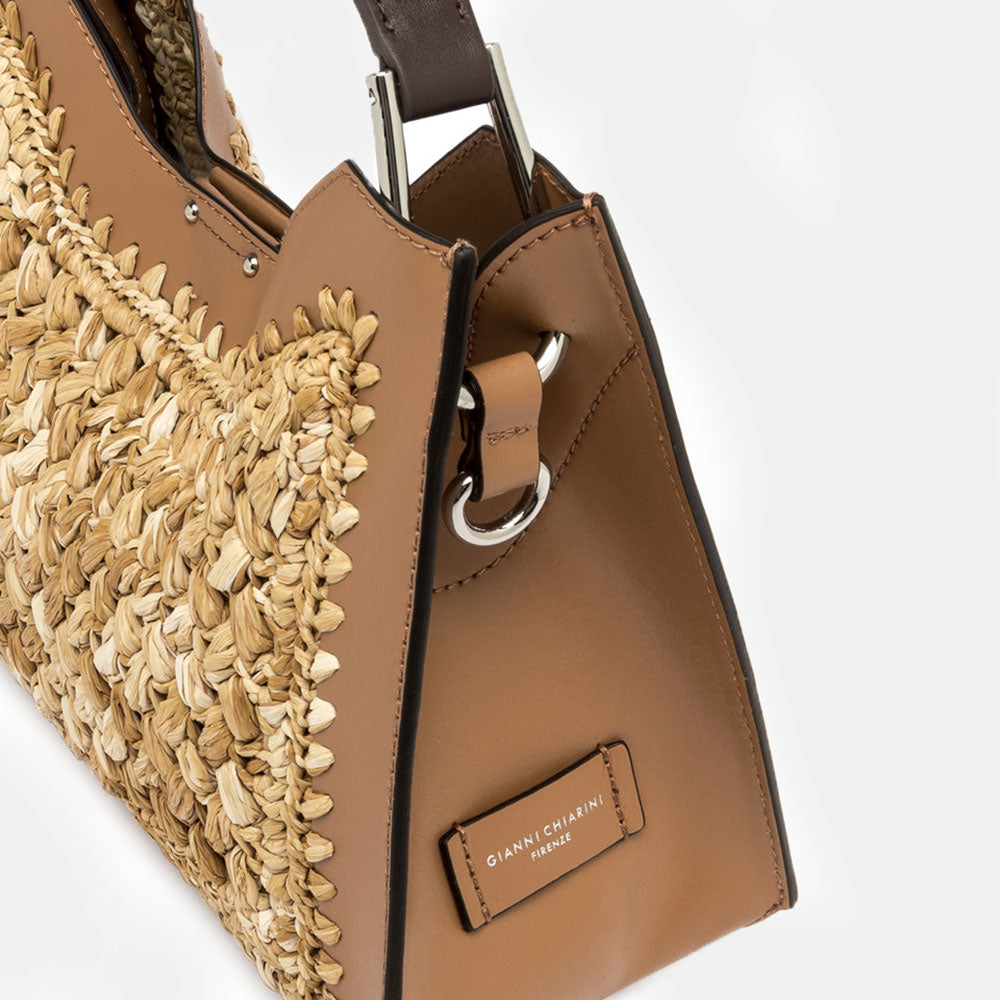 woven straw and tan leather aurora bag, made in Italy by Gianni Chiarini