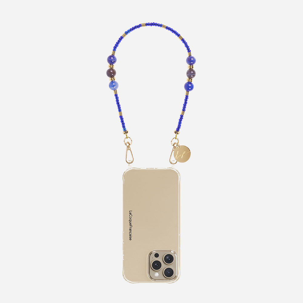 blue pearls and beads short phone wrist strap with gold hardware