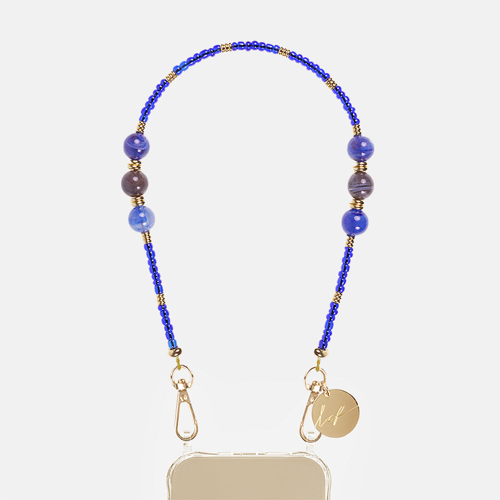 blue pearls and beads short phone wrist strap with gold hardware