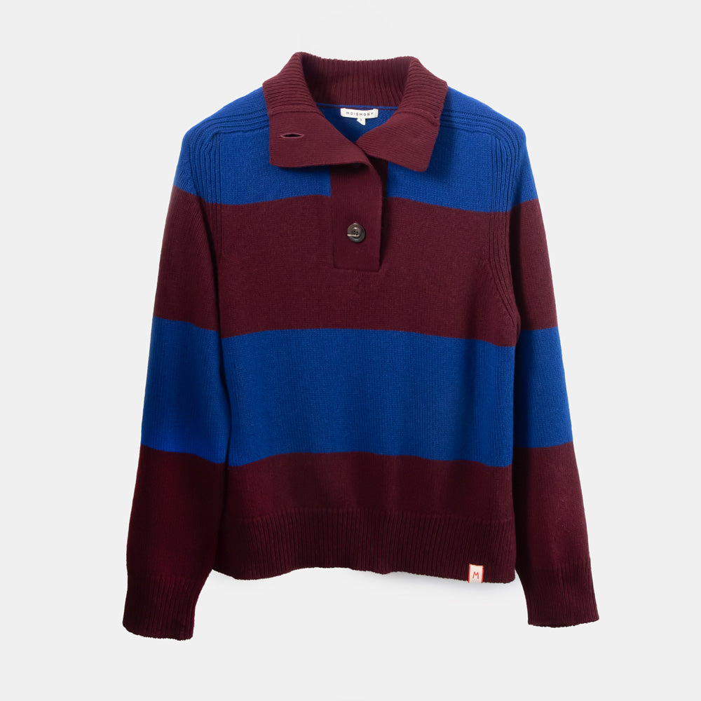 maroon and blue sweater against a white background