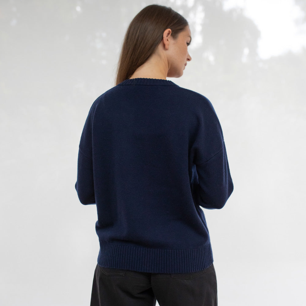 Person wearing a navy blue sweater against a white background