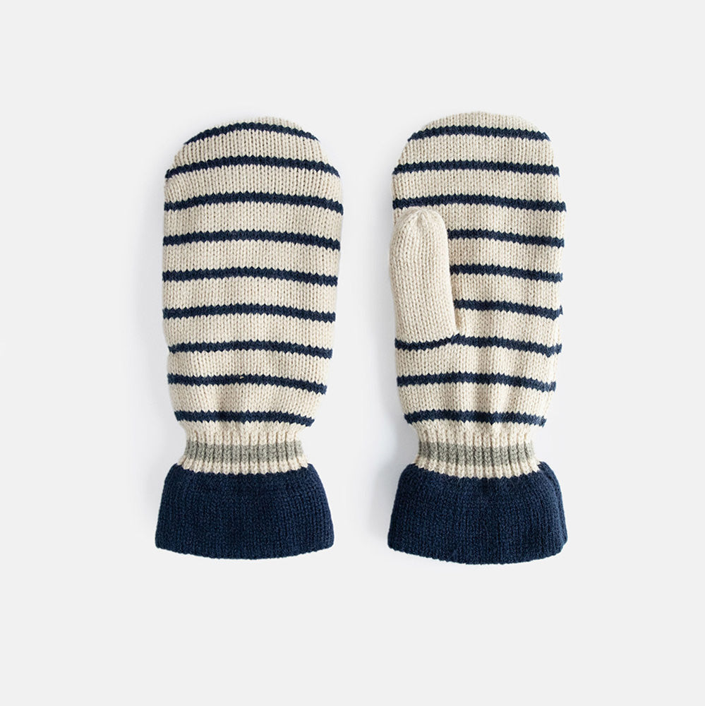 women's knitted mitten in oatmeal colour with navy blue stripes and cuff
