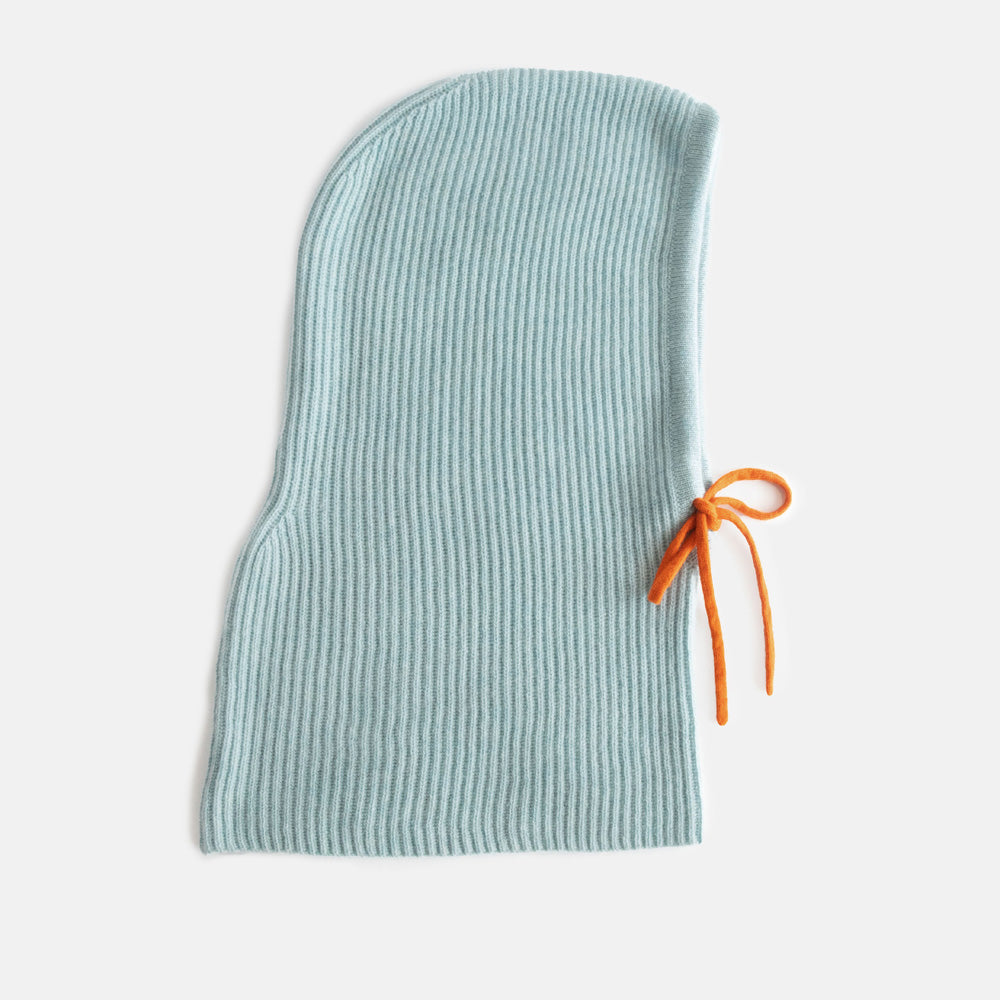 light blue pure cashmere wool balaclava hood with orange drawstrings
