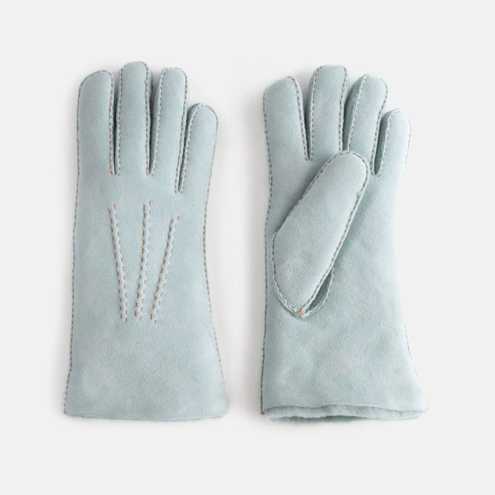 pair of women's sheepskin shearling gloves in light blue