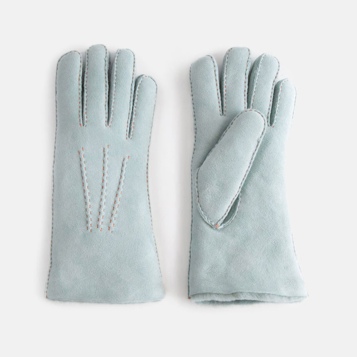 pair of women's sheepskin shearling gloves in light blue