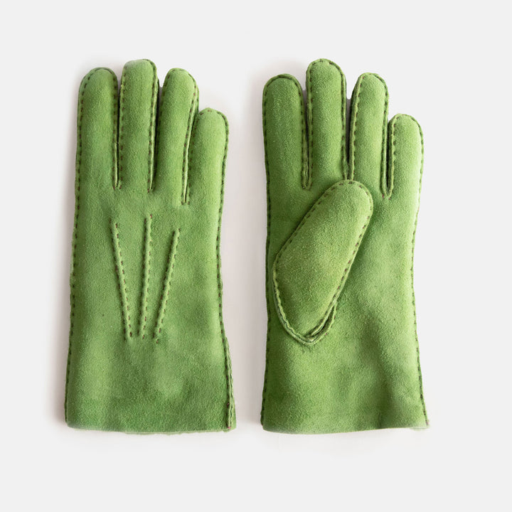 pair of women's sheepskin shearling gloves in spring green