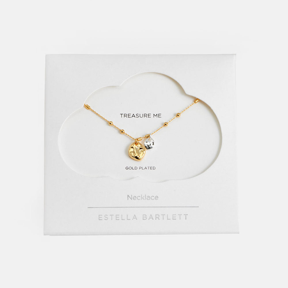 fine gold chain & bead necklace with two hammered pebble charms, one larger gold pebble and one smaller silver pebble