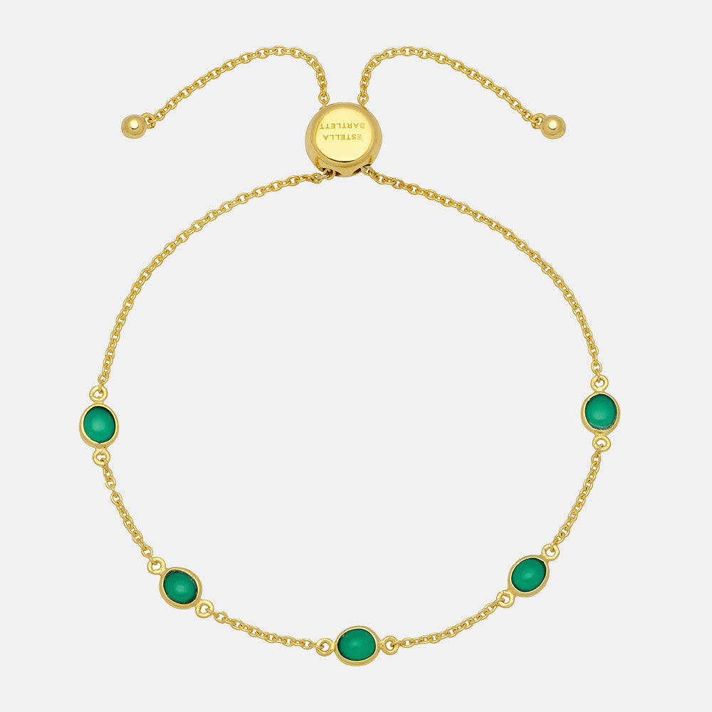 gold plated chain bracelet with 5 green onyx gemstones and adjustable slider