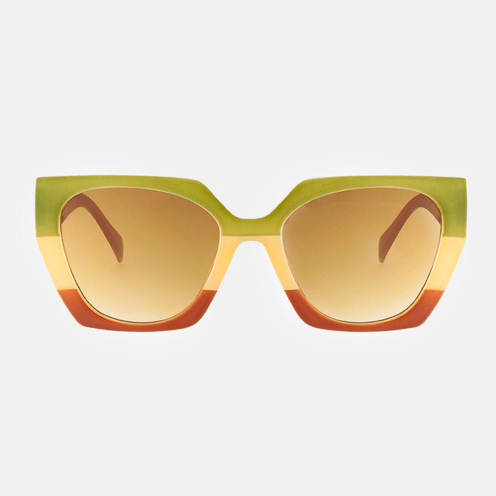 geometric cat eye sunglasses with green. natural and brown wide stripe design and brown lenses