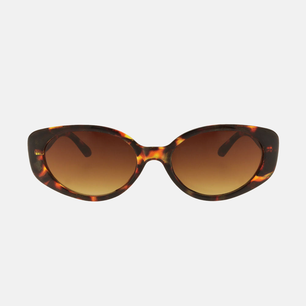 dark tortoiseshell oval frame sunglasses with grey lenses