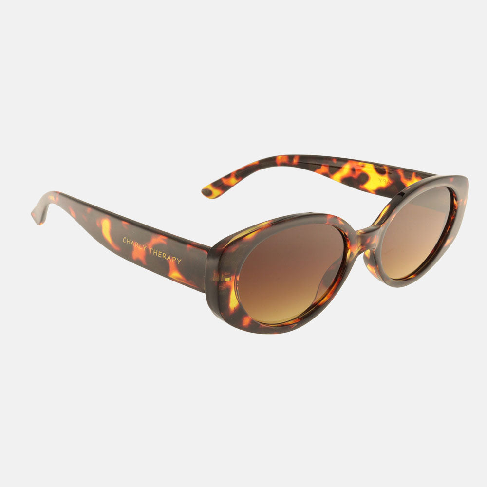 dark tortoiseshell oval frame sunglasses with grey lenses