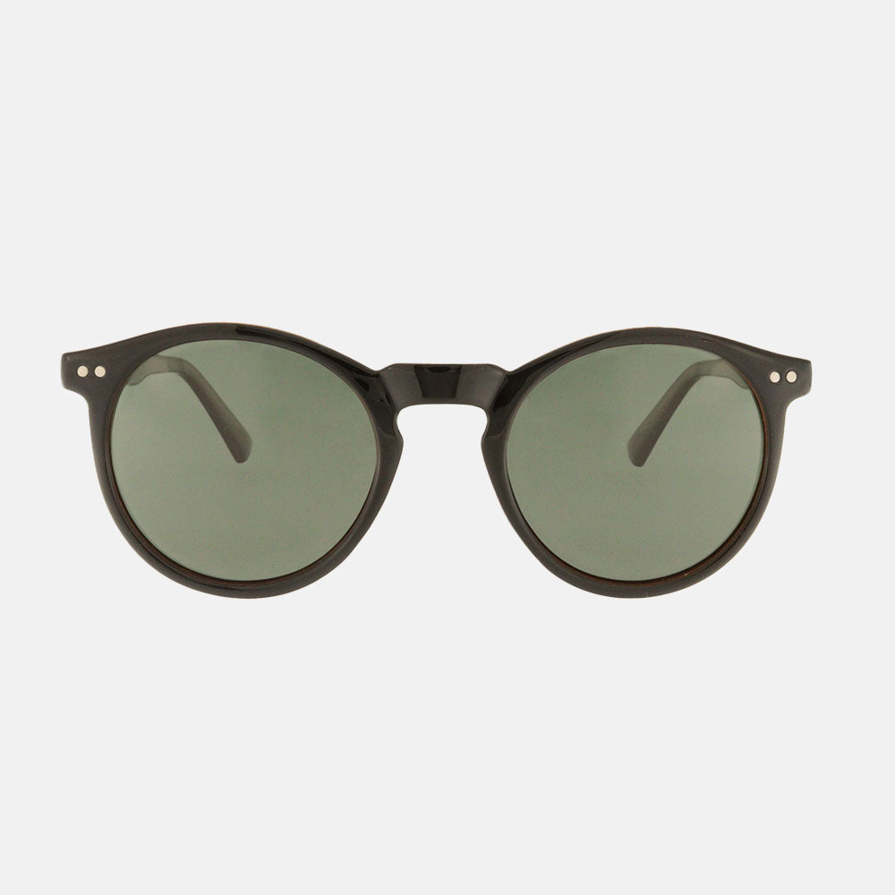 dark brown round framed sunglasses with grey polarised lenses