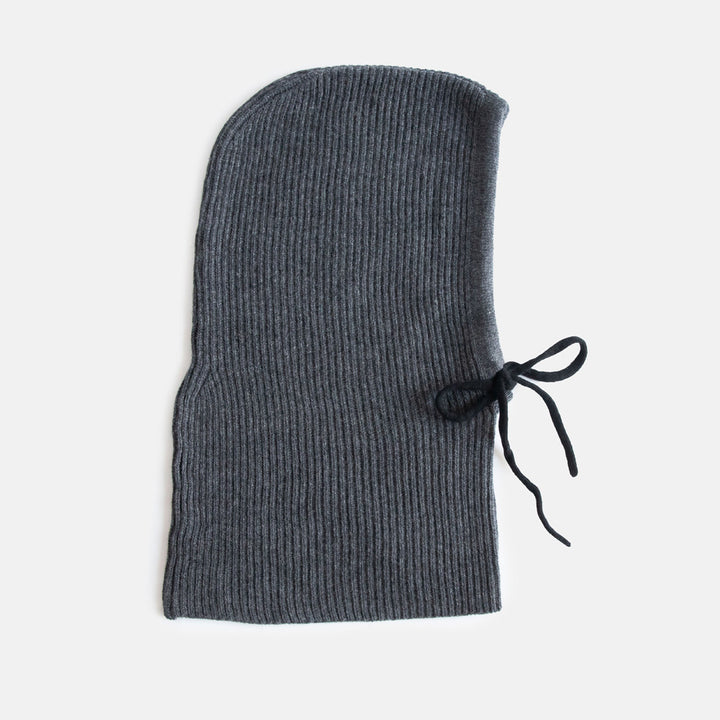women's dark grey rib knit cashmere balaclava hood with black drawstring