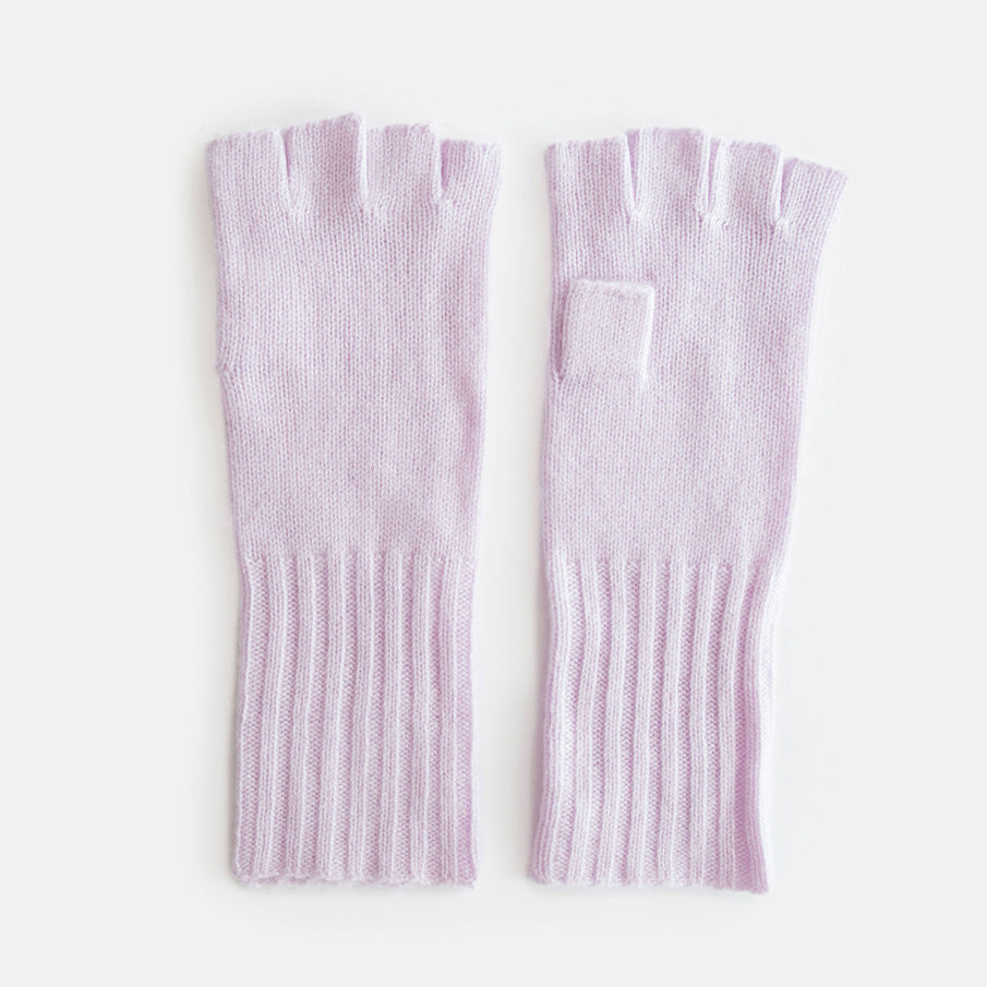 Pair of light lilac fingerless gloves on a white background