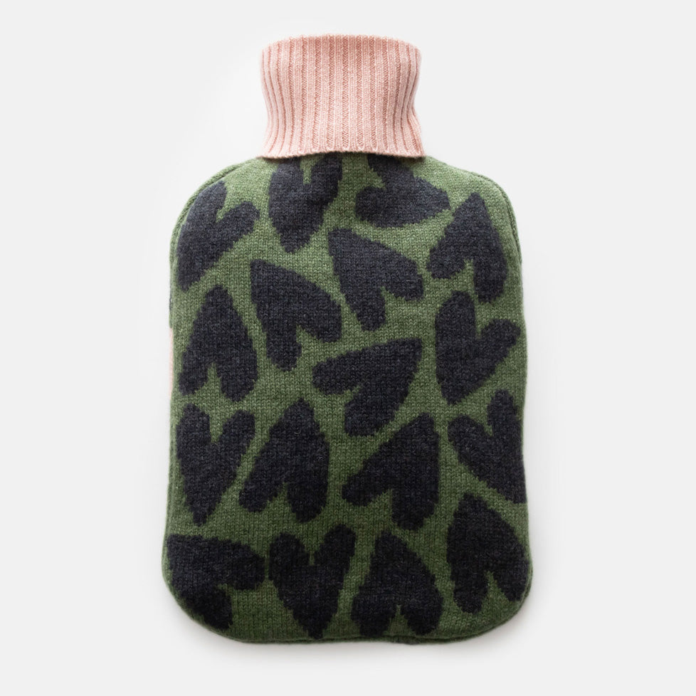 pure merino hot water bottle cover in khaki green with dark grey hearts and contrast pale pink neck