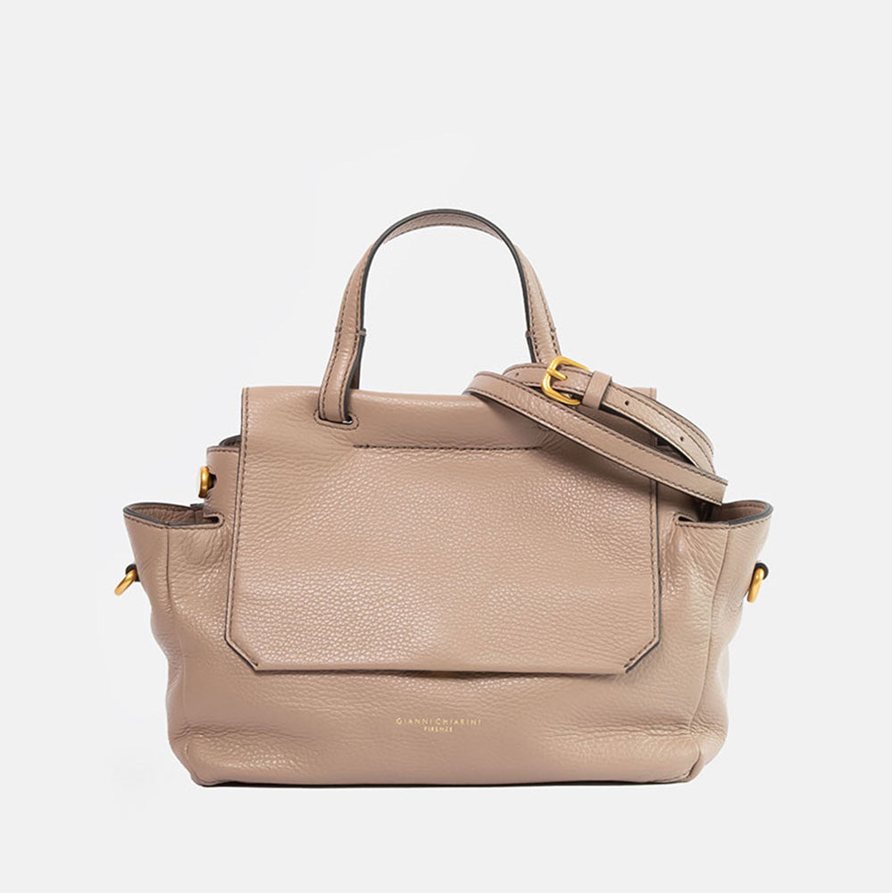 light grey pebbled leather handbag with top shoulder handle and matching leather crossbody strap