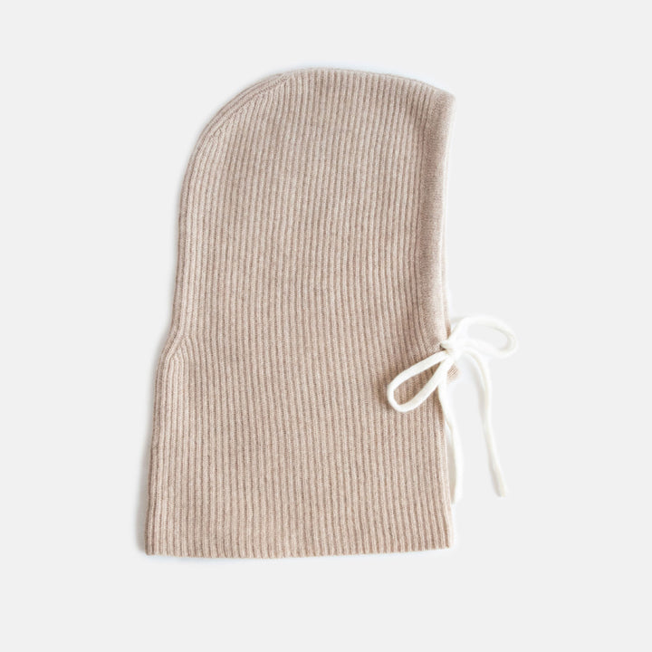 taupe pure cashmere wool balaclava hood with cream drawstrings