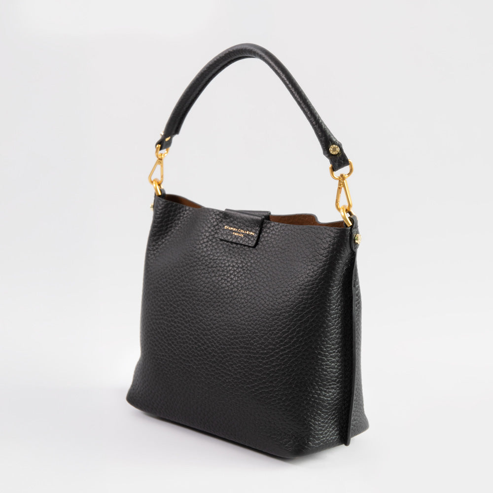 black pebbled leather handbag with gold hardware and gold print Gianni Chiarini branding