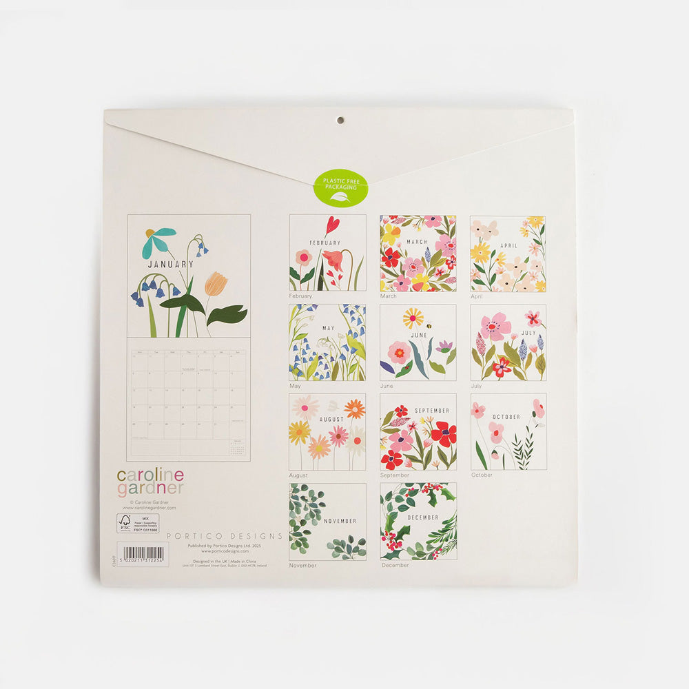 2026 square wall calendar with back cover showing each months floral design