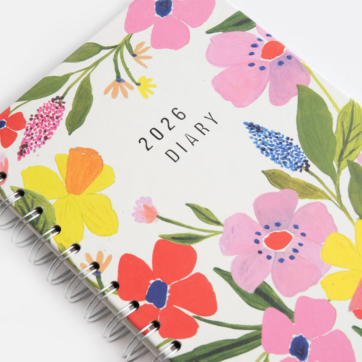 2026 wire bound hardcover diary with colourful floral print front cover