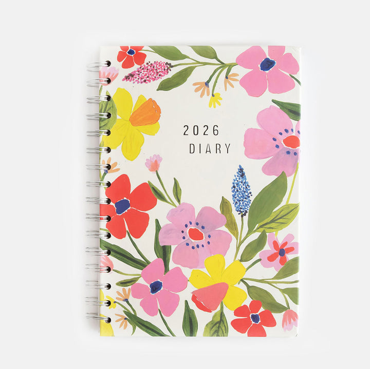 2026 wire bound hardcover diary with colourful floral print front cover