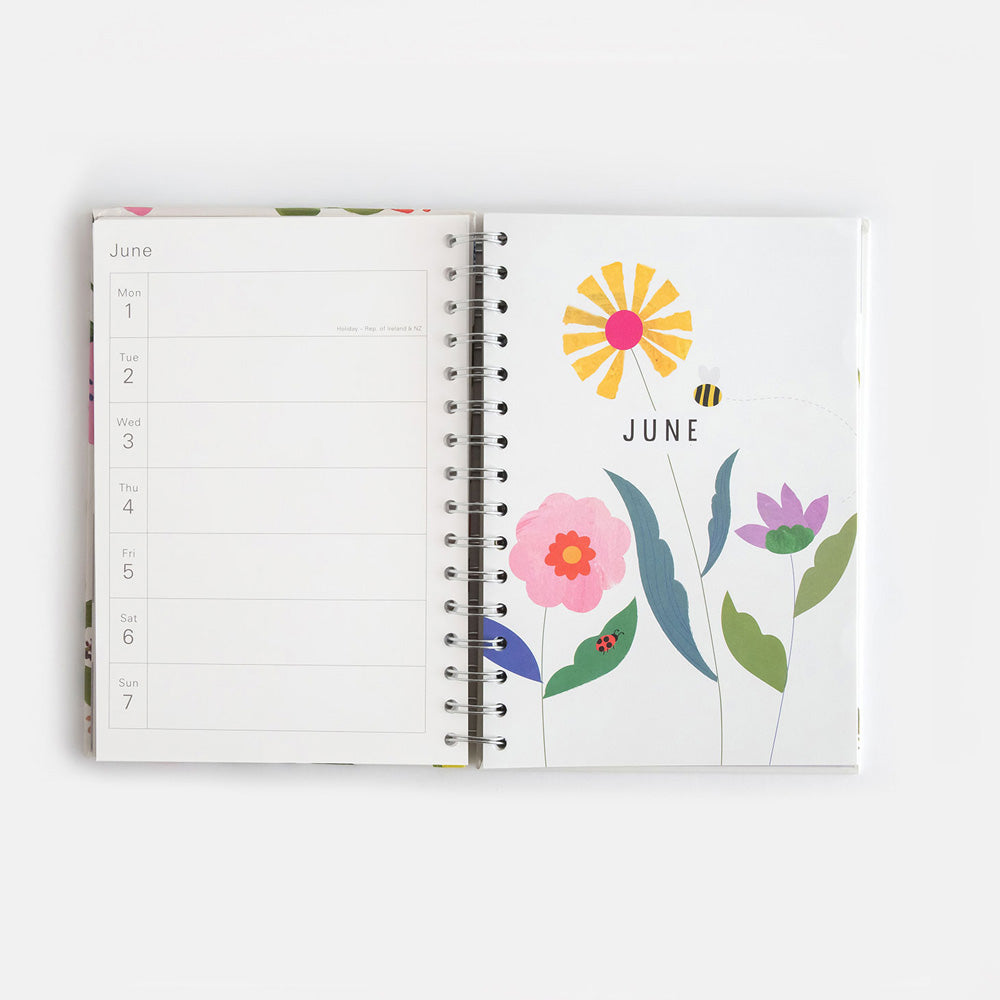 2026 wire bound hardcover diary with week to view page and colourful floral print design