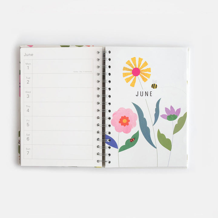 2026 wire bound hardcover diary with week to view page and colourful floral print design