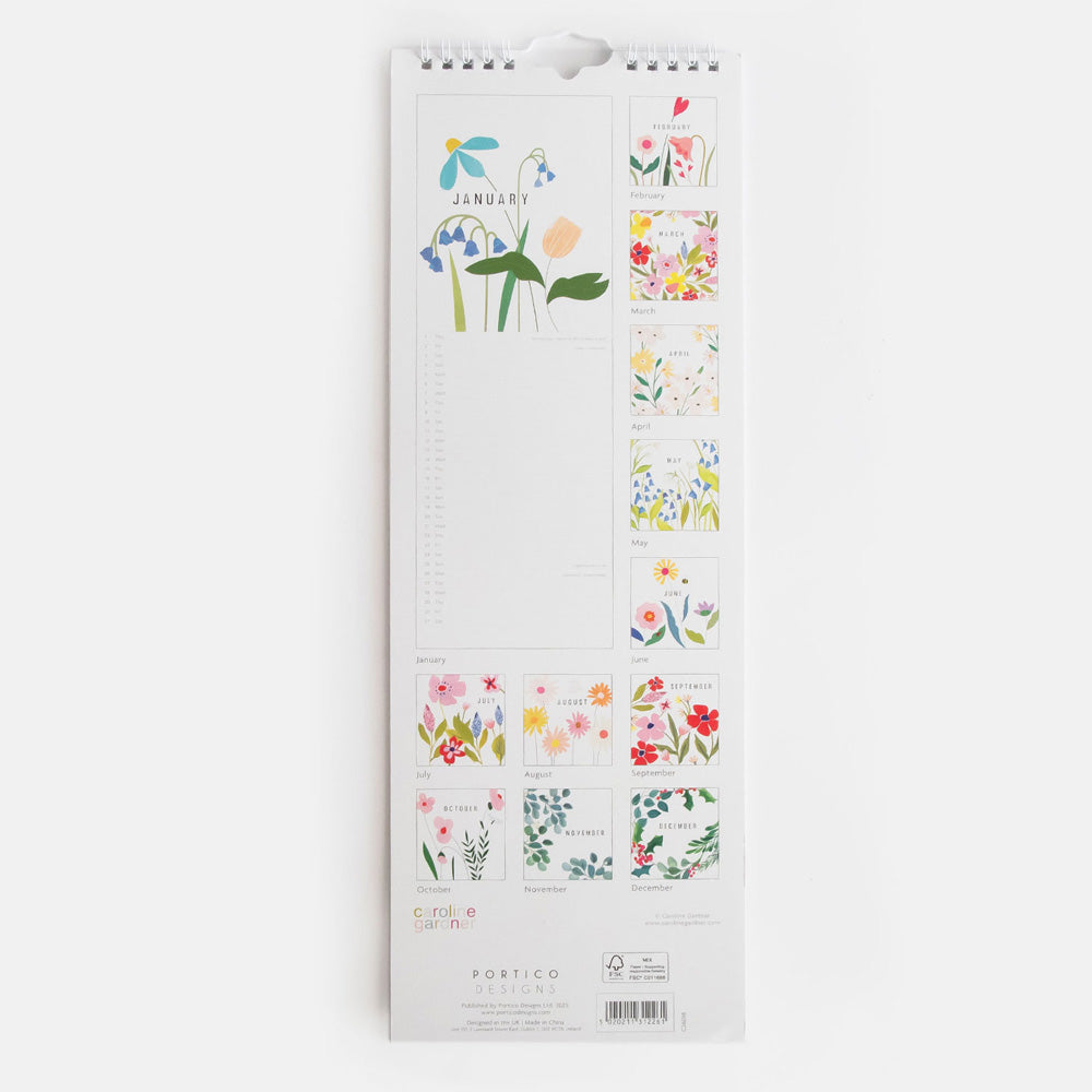 2026 slim wall calendar back cover showing each month's colourful flower design