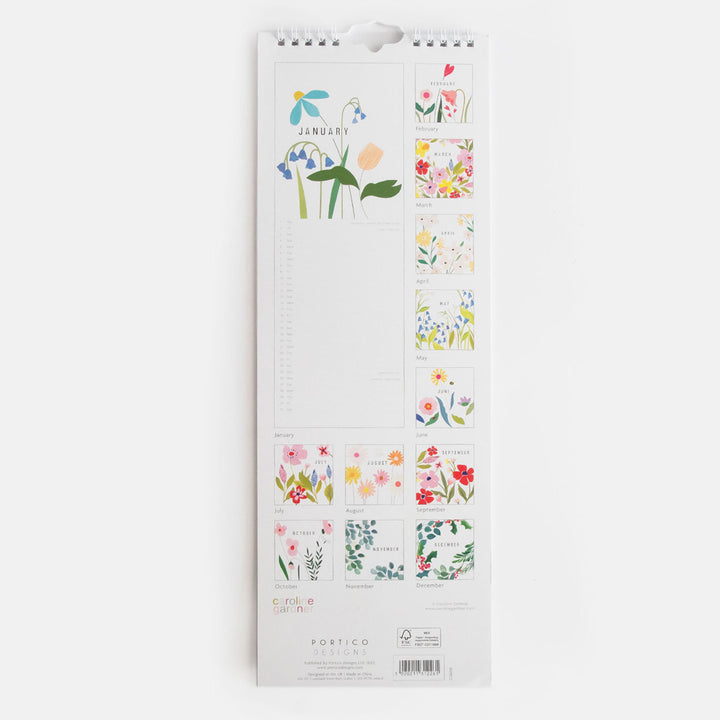 2026 slim wall calendar back cover showing each month's colourful flower design