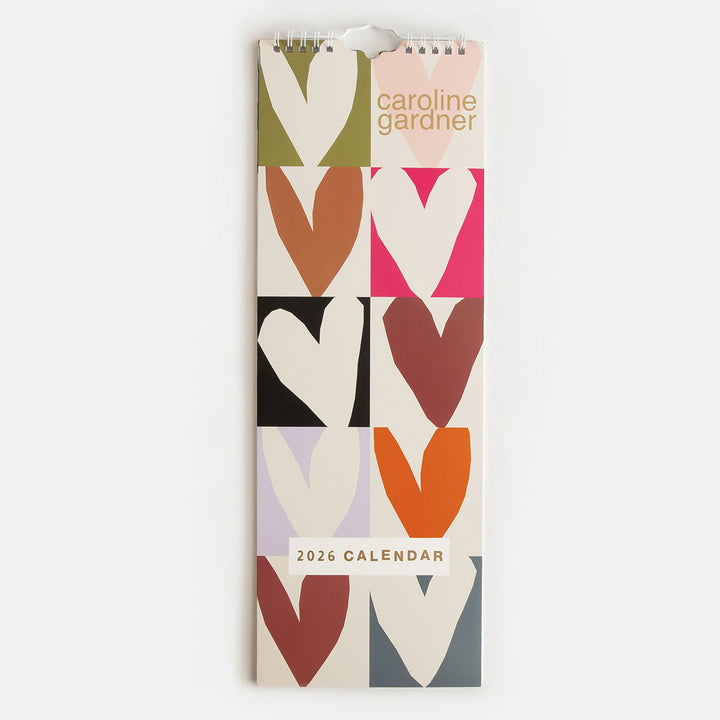 2026 slim wall calendar with colourful block print hearts design front cover