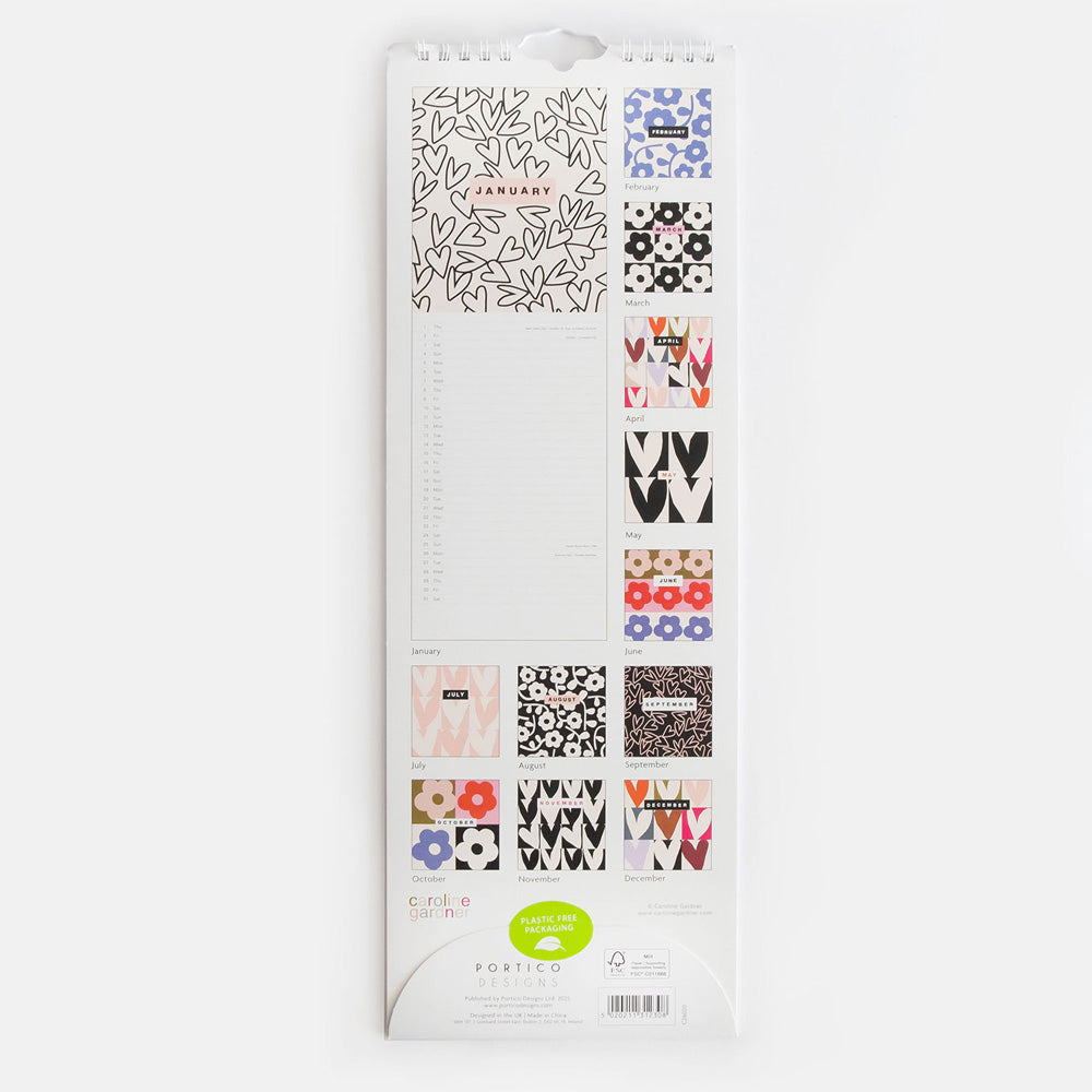 2026 slim wall calendar with back cover showing each months colourful hearts or flower print design