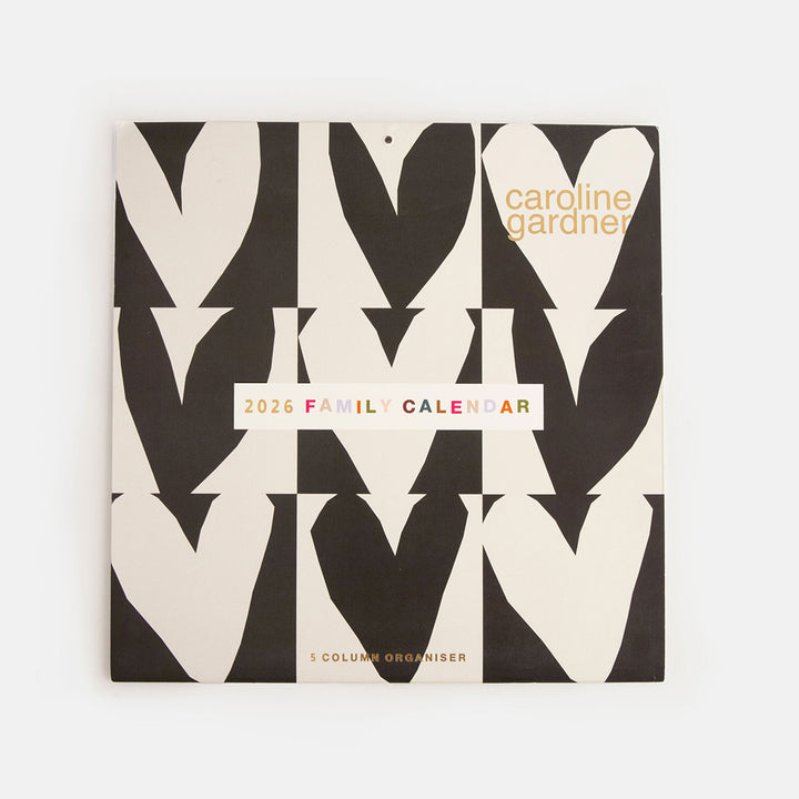 2026 square family wall calendar featuring a front cover of monochrome hearts in a block print design