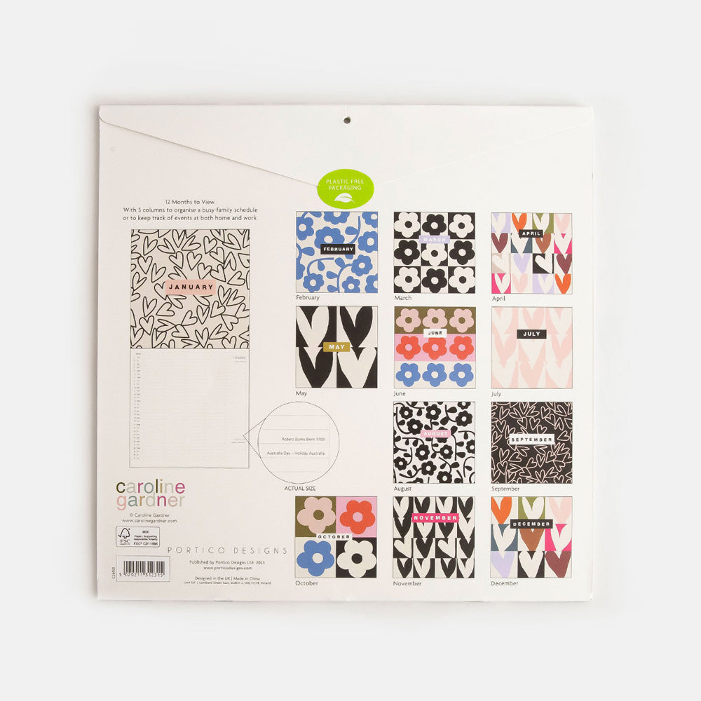 2026 square family wall calendar back cover showing each months hearts of flowers design