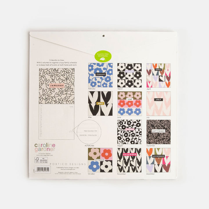 2026 square family wall calendar back cover showing each months hearts of flowers design