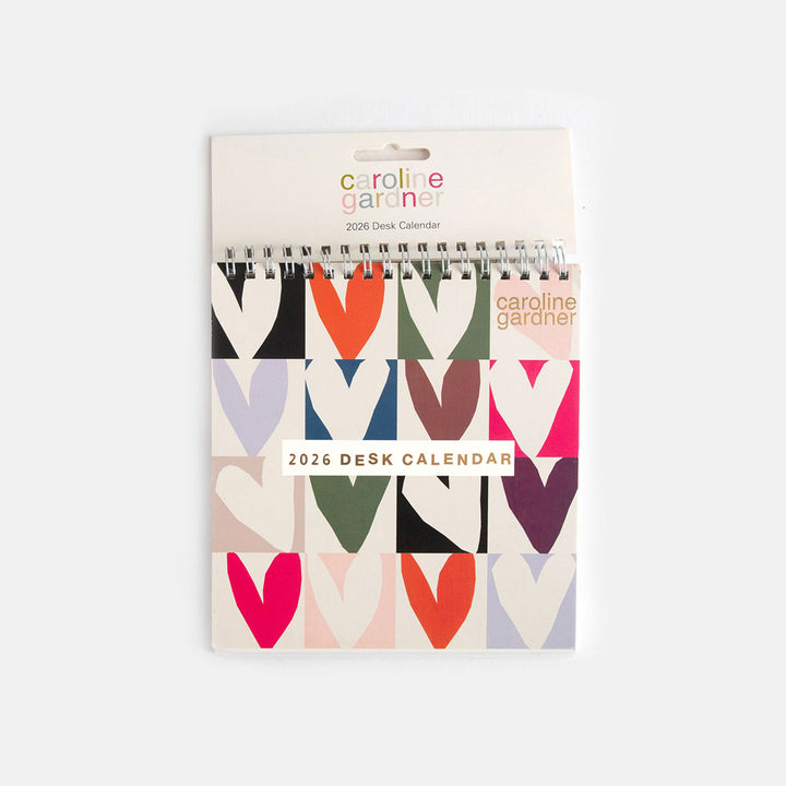 2026 desk calendar featuring a front cover of colourful block print hearts