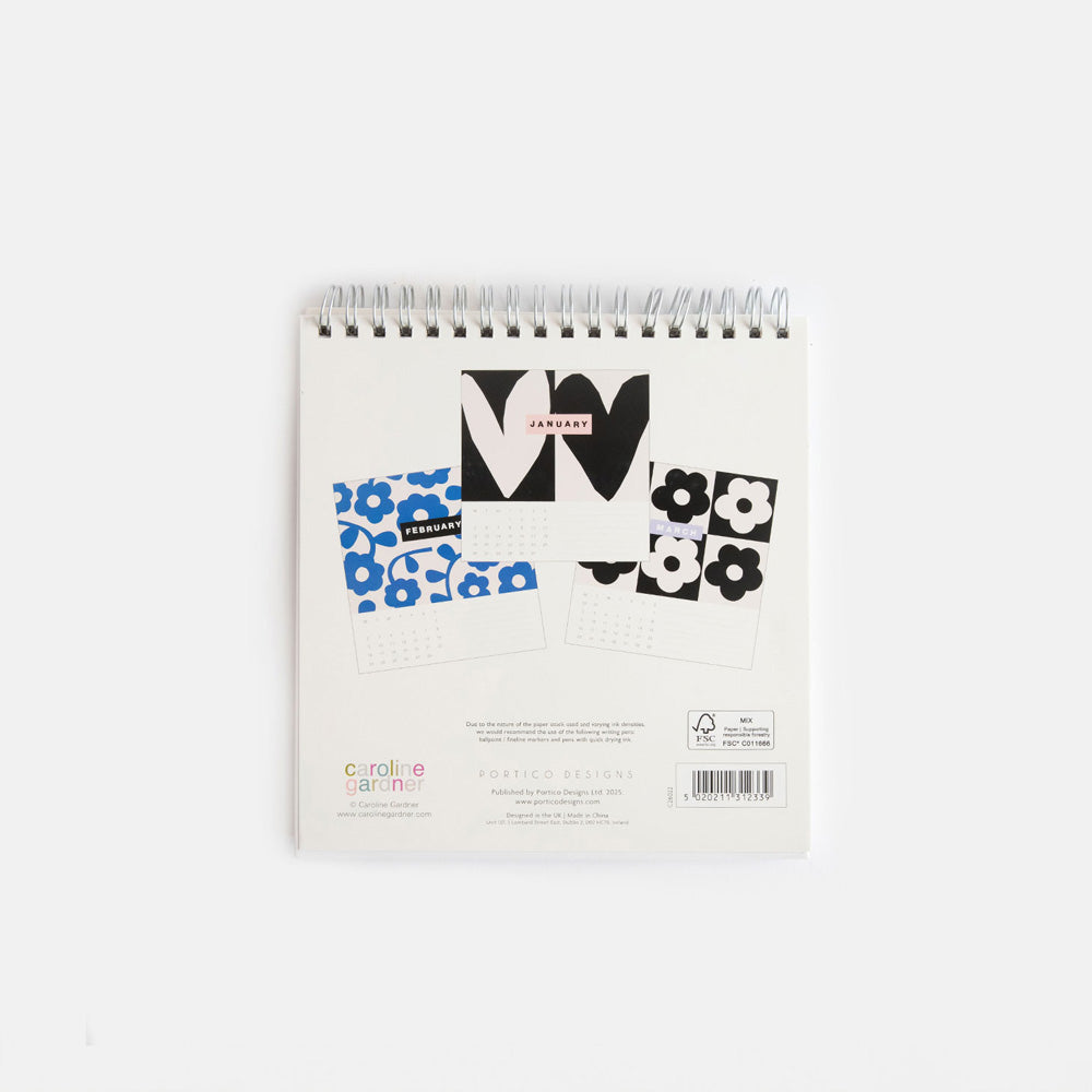 2026 desk calendar back cover showing a selection of each month's hearts or flower designs