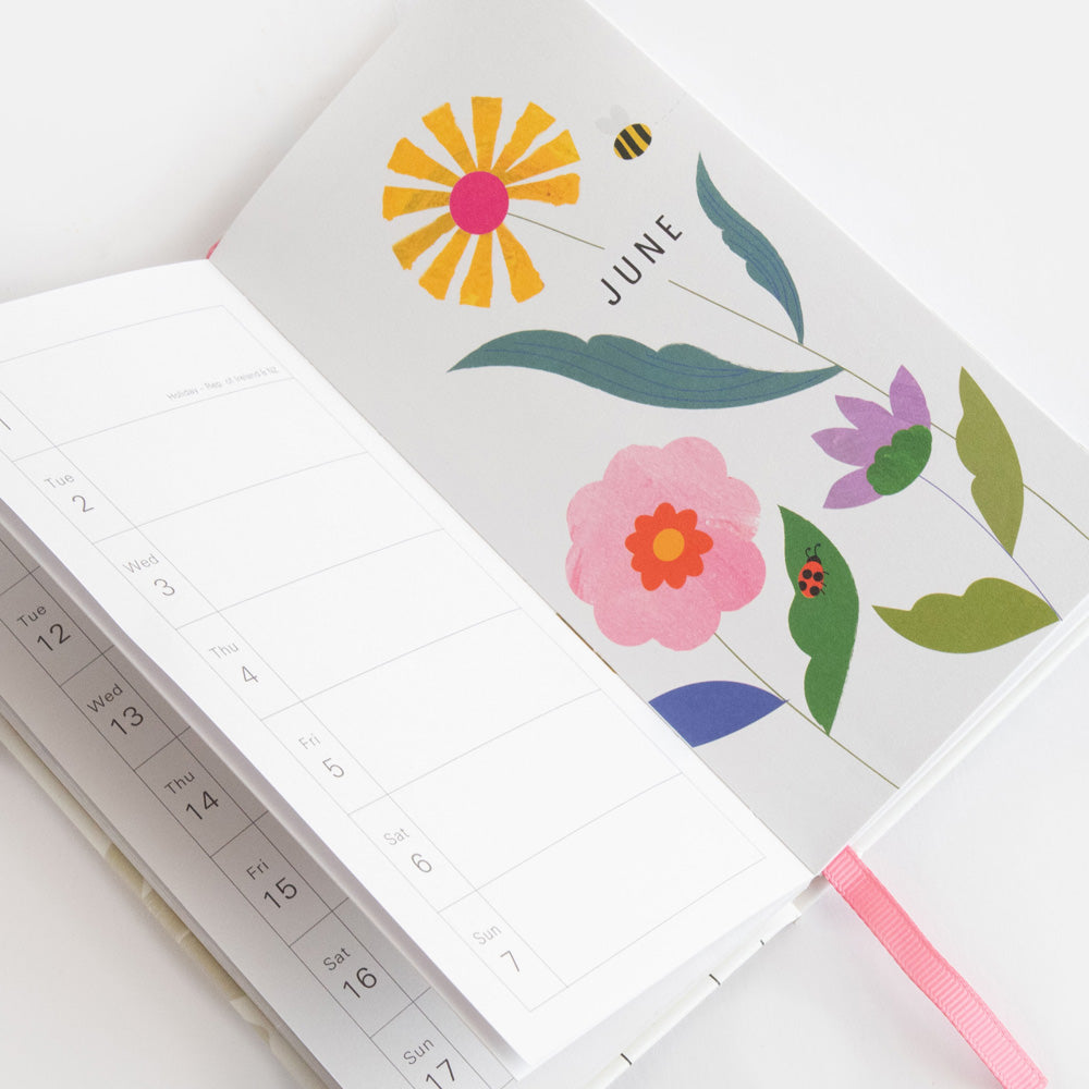 2026 slim hardcover diary with week to view page and colourful flowers design